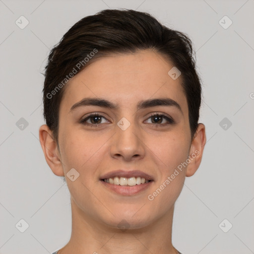 Joyful white young-adult female with short  brown hair and brown eyes