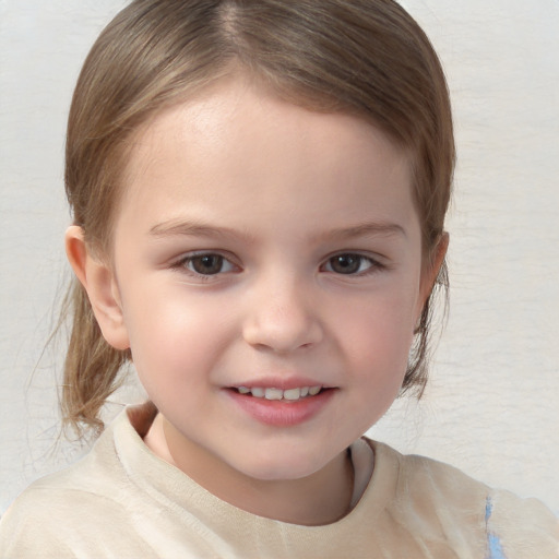 Joyful white child female with medium  brown hair and brown eyes