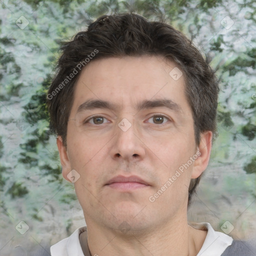 Neutral white adult male with short  brown hair and brown eyes