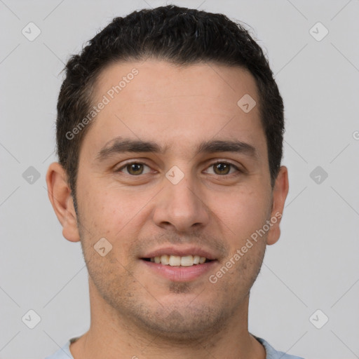 Joyful white young-adult male with short  brown hair and brown eyes