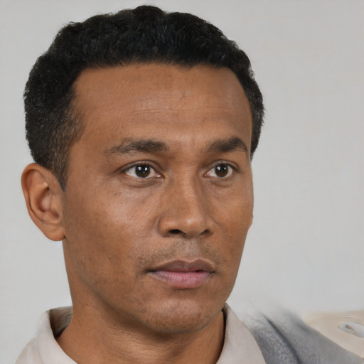 Neutral black adult male with short  black hair and brown eyes