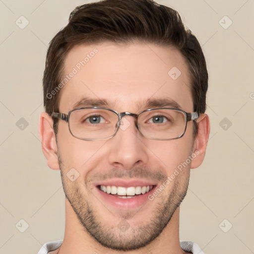 Joyful white young-adult male with short  brown hair and grey eyes