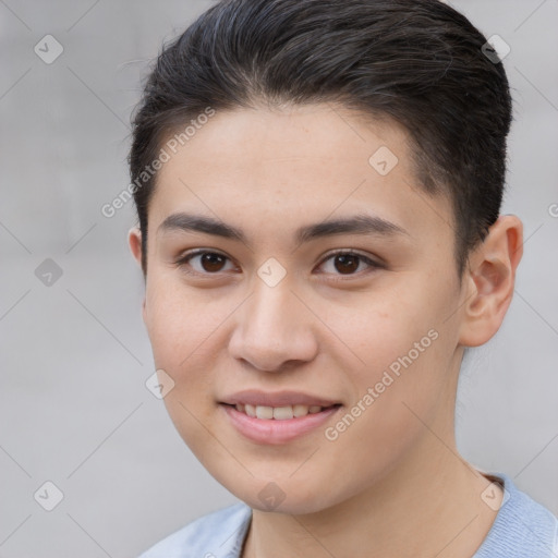 Joyful white young-adult female with short  brown hair and brown eyes