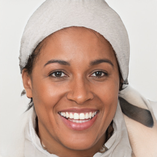 Joyful latino adult female with short  brown hair and brown eyes