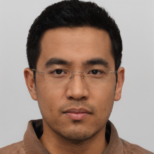 Neutral asian young-adult male with short  black hair and brown eyes