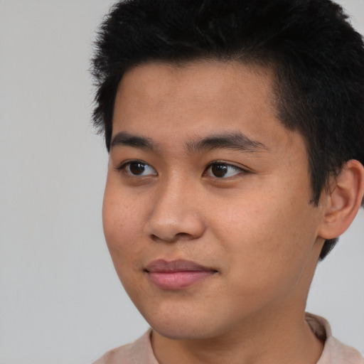 Neutral asian young-adult male with short  black hair and brown eyes