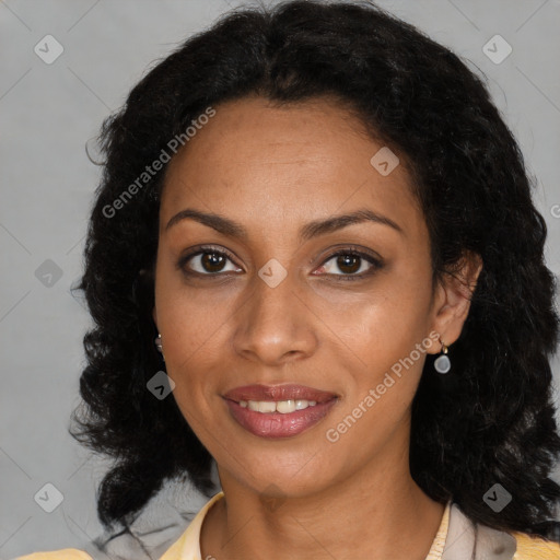 Joyful black young-adult female with medium  black hair and brown eyes