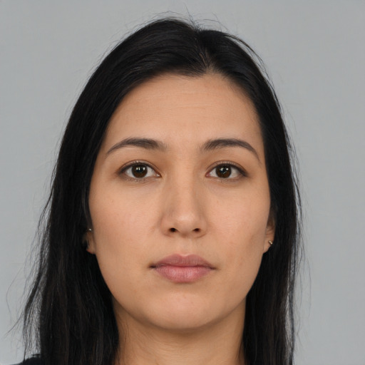 Neutral asian young-adult female with long  brown hair and brown eyes