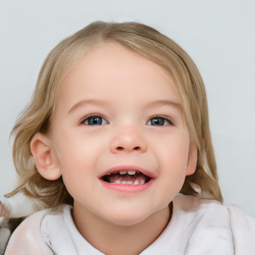 Joyful white child female with medium  brown hair and blue eyes