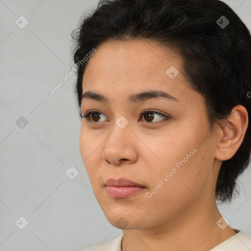 Neutral asian young-adult female with short  brown hair and brown eyes