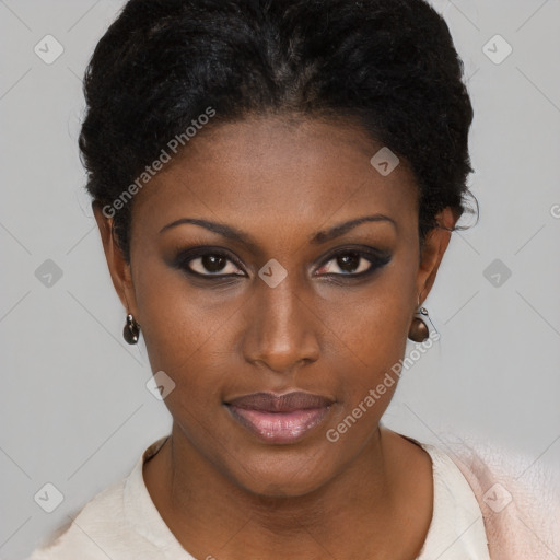 Neutral black young-adult female with short  black hair and brown eyes