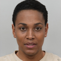 Neutral black young-adult female with short  black hair and brown eyes