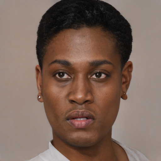 Neutral black young-adult female with short  black hair and brown eyes