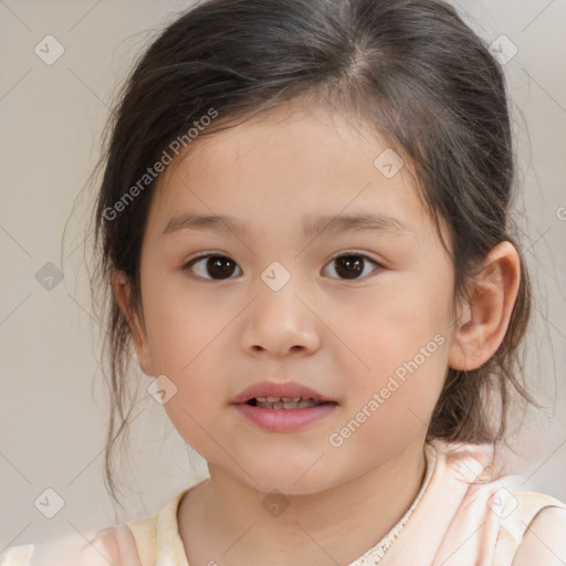 Joyful white child female with medium  brown hair and brown eyes