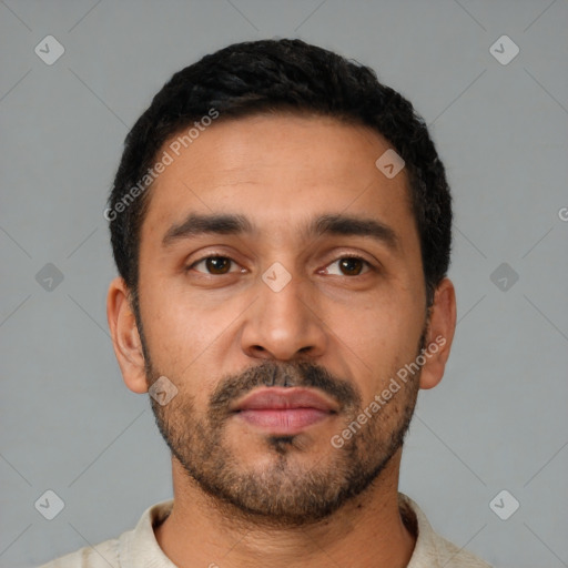 Neutral latino young-adult male with short  black hair and brown eyes