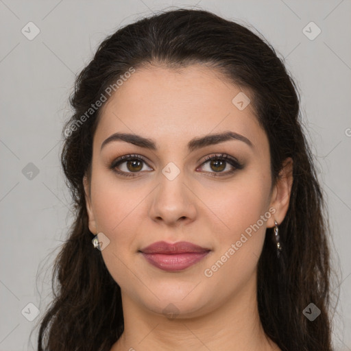 Joyful white young-adult female with long  brown hair and brown eyes