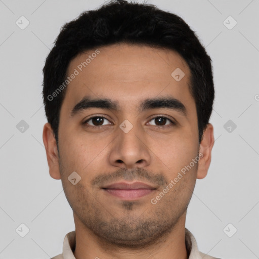 Neutral latino young-adult male with short  black hair and brown eyes