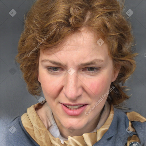 Joyful white adult female with medium  brown hair and blue eyes