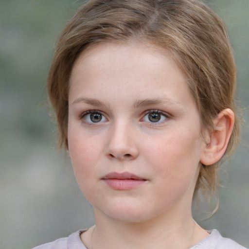 Neutral white child female with medium  brown hair and grey eyes