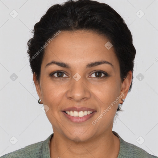 Joyful latino young-adult female with short  brown hair and brown eyes