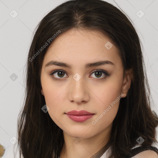 Neutral white young-adult female with long  brown hair and brown eyes