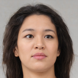 Neutral asian young-adult female with long  brown hair and brown eyes