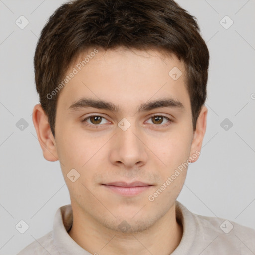 Neutral white young-adult male with short  brown hair and brown eyes