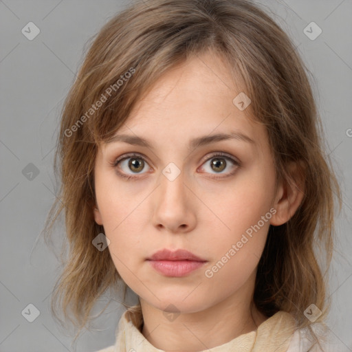 Neutral white young-adult female with medium  brown hair and brown eyes