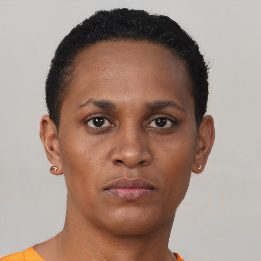 Neutral black young-adult female with short  brown hair and brown eyes