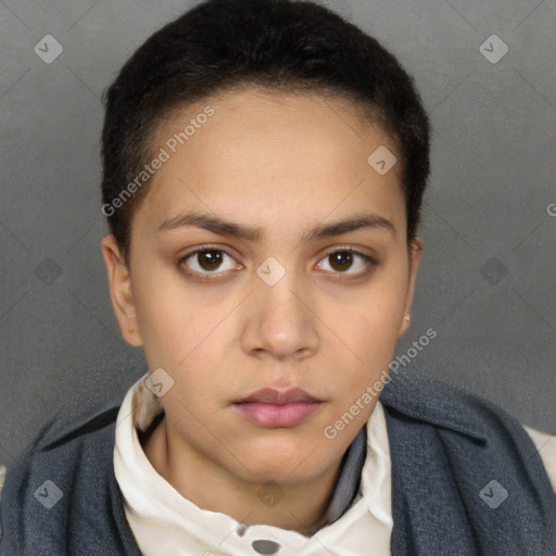 Neutral white young-adult female with short  brown hair and brown eyes