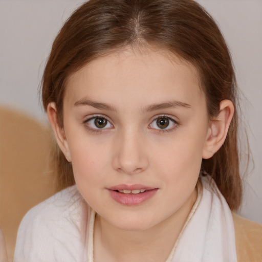 Joyful white child female with medium  brown hair and brown eyes