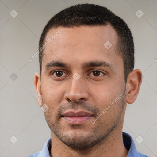 Neutral white young-adult male with short  black hair and brown eyes