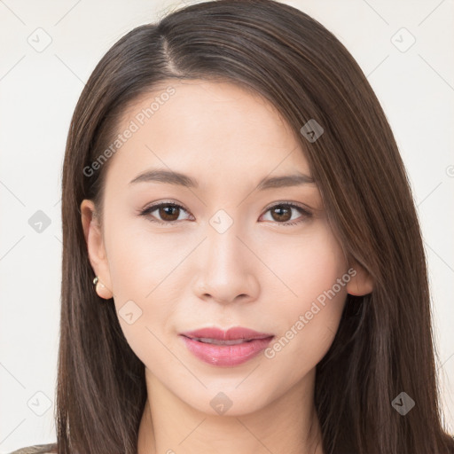 Neutral white young-adult female with long  brown hair and brown eyes