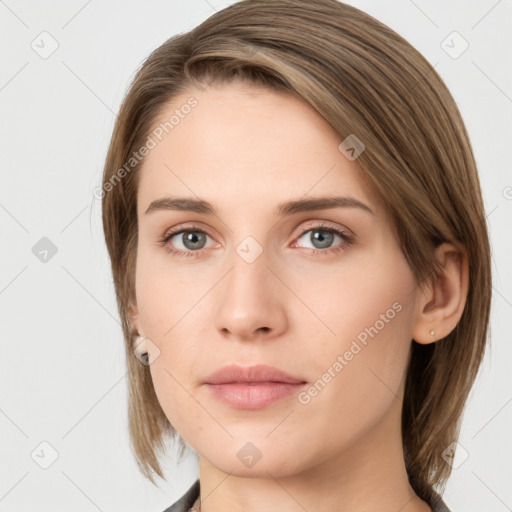 Neutral white young-adult female with medium  brown hair and grey eyes