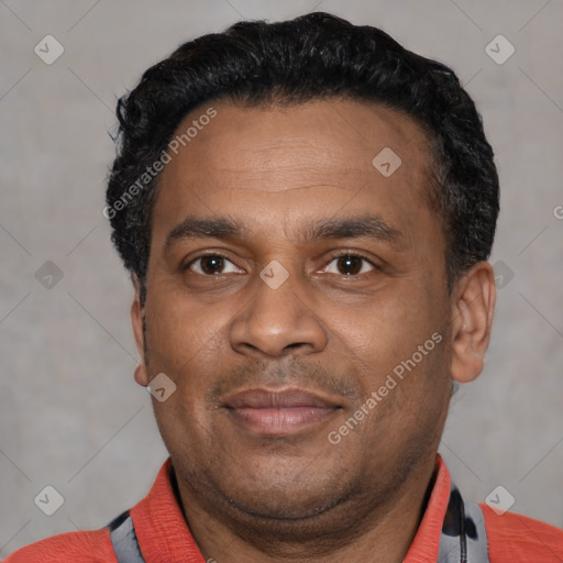 Neutral latino adult male with short  black hair and brown eyes