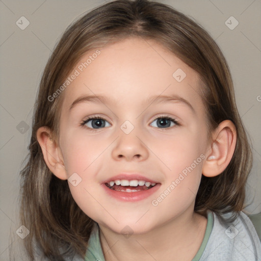 Joyful white child female with medium  brown hair and brown eyes