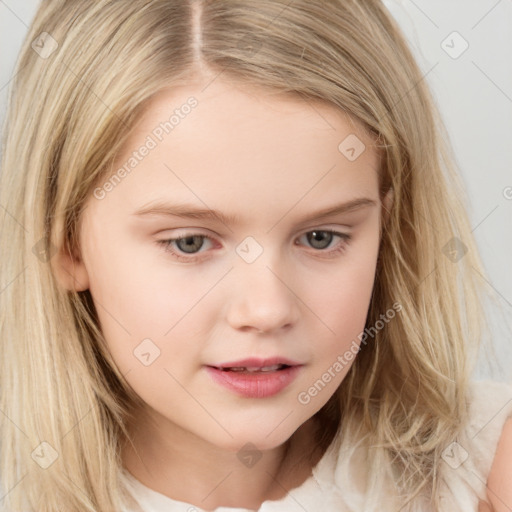 Neutral white child female with medium  brown hair and grey eyes