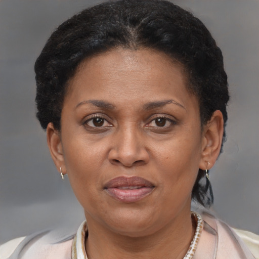 Joyful latino adult female with short  brown hair and brown eyes