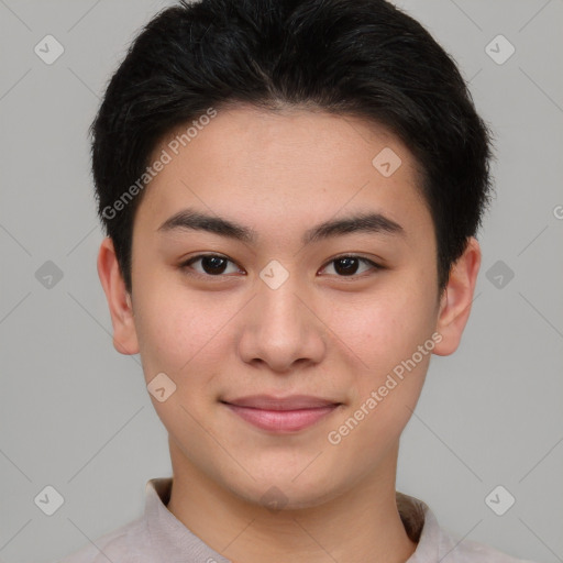 Joyful asian young-adult female with short  brown hair and brown eyes