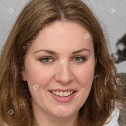 Joyful white young-adult female with medium  brown hair and green eyes