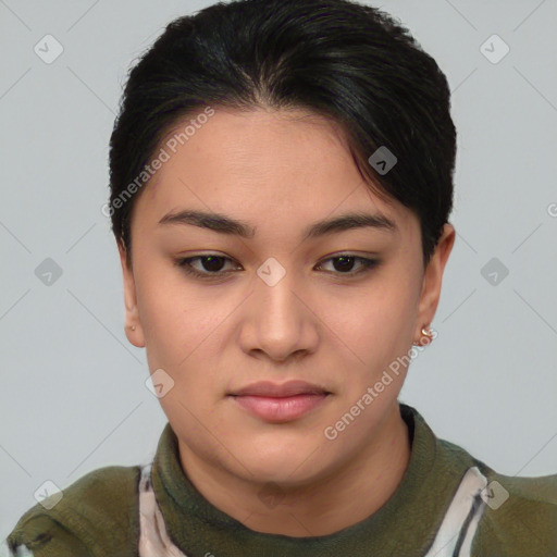 Joyful asian young-adult female with short  black hair and brown eyes