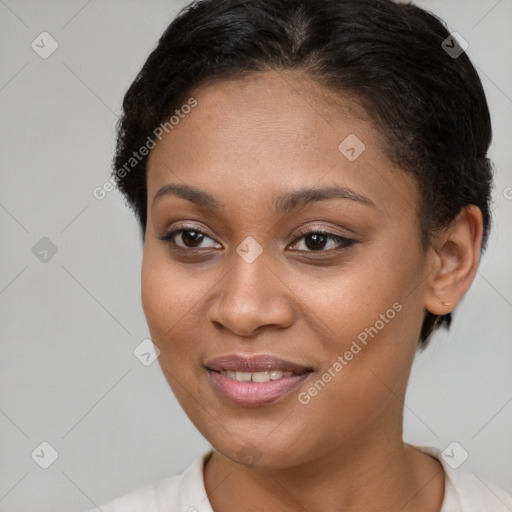 Joyful latino young-adult female with short  brown hair and brown eyes