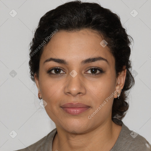 Joyful latino young-adult female with short  brown hair and brown eyes