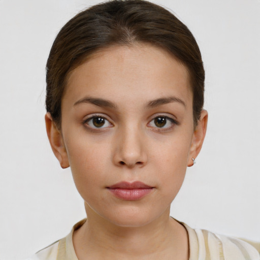 Neutral white young-adult female with short  brown hair and brown eyes