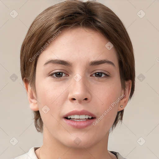 Joyful white young-adult female with short  brown hair and grey eyes