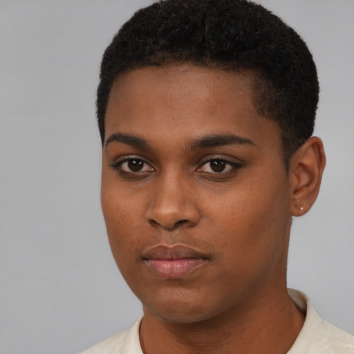 Neutral black young-adult female with short  black hair and brown eyes