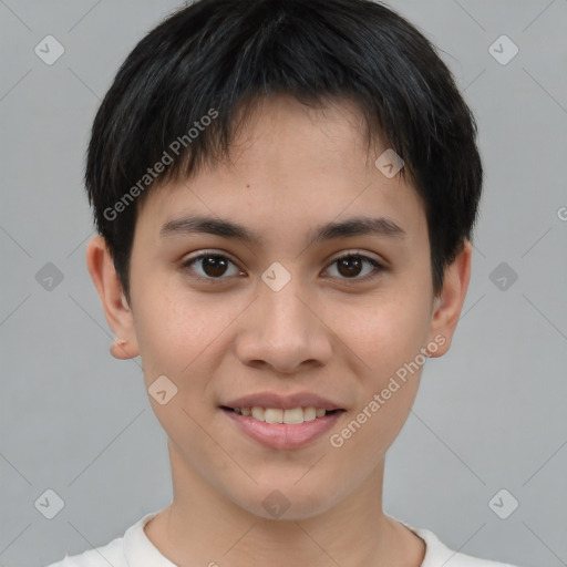 Joyful asian young-adult female with short  brown hair and brown eyes