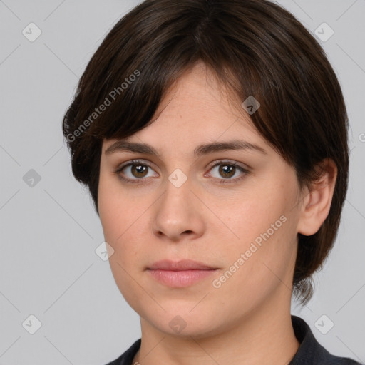 Neutral white young-adult female with medium  brown hair and brown eyes