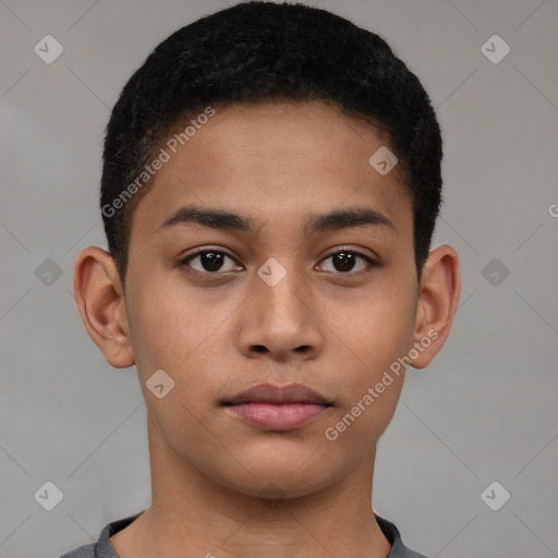 Neutral latino young-adult male with short  brown hair and brown eyes