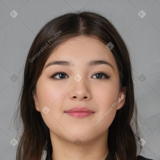 Neutral asian young-adult female with long  brown hair and brown eyes